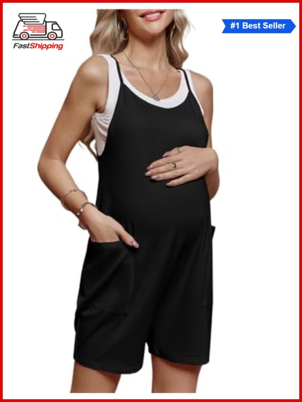✨ Maternity Sleeveless Romper Shorts Jumpsuit with Pockets - Picture 1 of 6